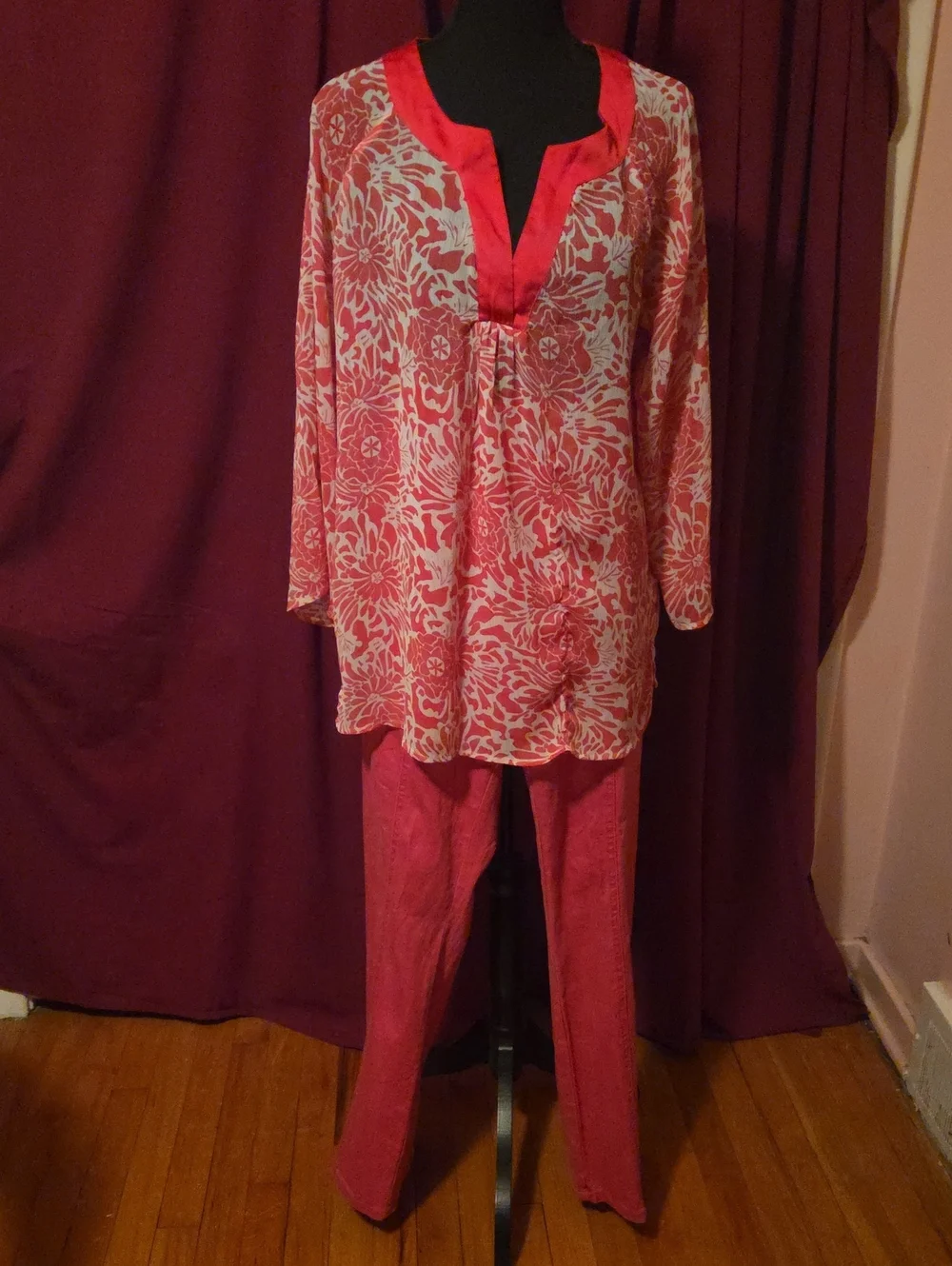 Diane Gilman Pink Floral Sleep Tunic with Pink Pants